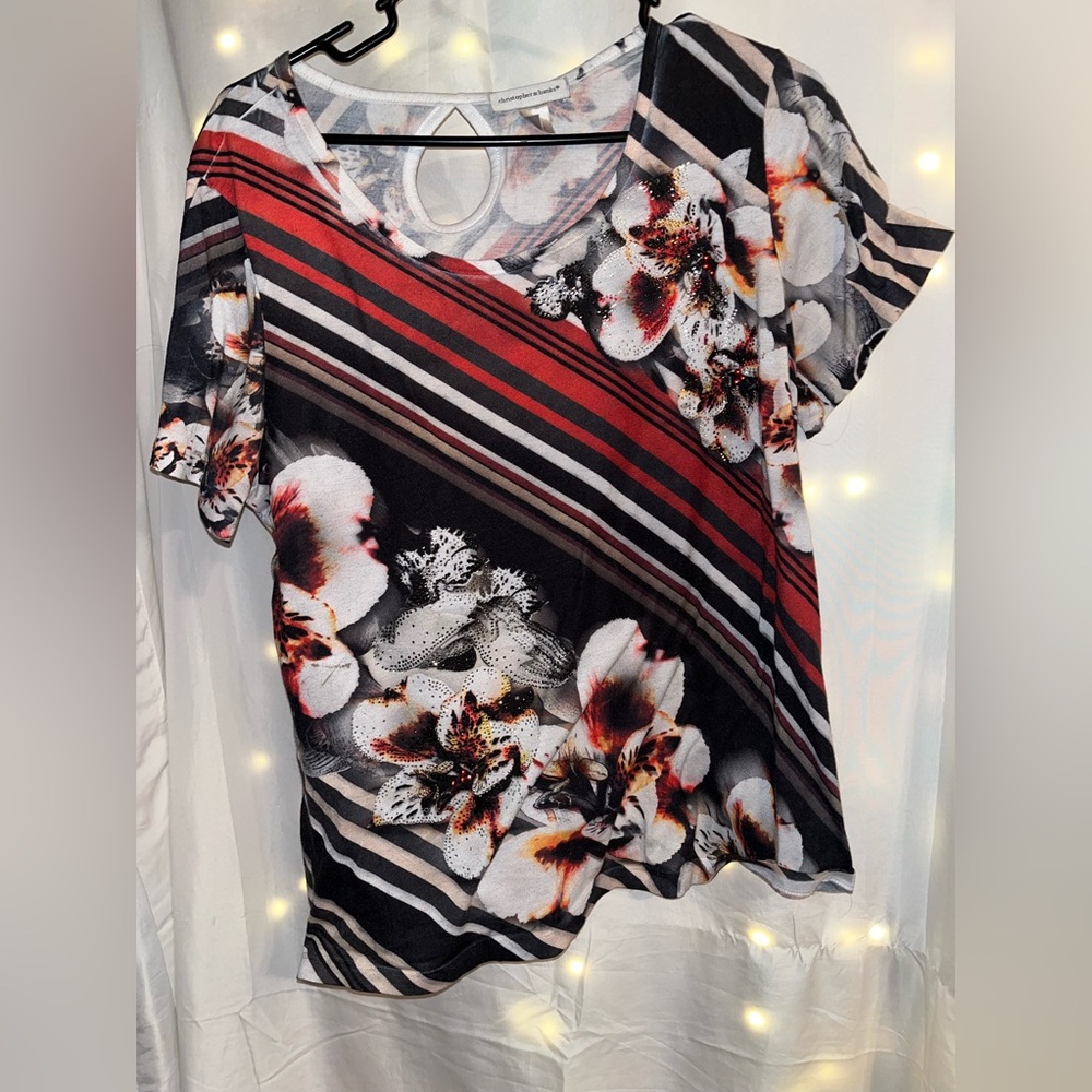 Floral Striped Women's Top - Red and Black